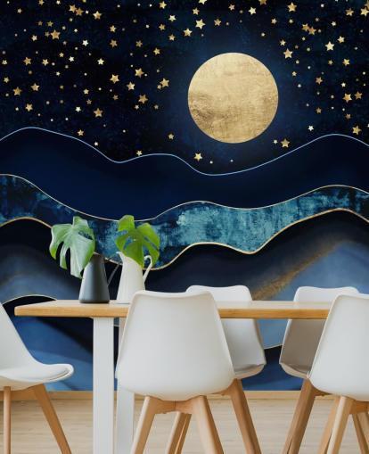 dark blue and gold moon and night sky wallpaper