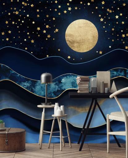 dark blue and gold moon and night sky wallpaper