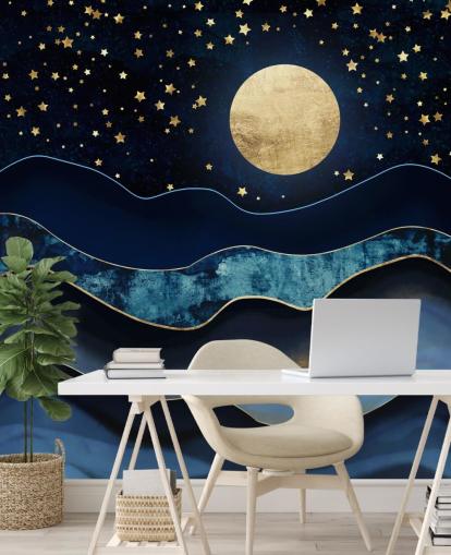 carta da parati blu scuro e oro luna e cielo notturno
