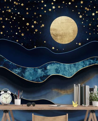 dunkelblau und gold Mond und Nachthimmel Tapete