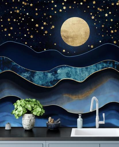 carta da parati blu scuro e oro luna e cielo notturno carta da parati blu scuro e oro luna e cielo notturno