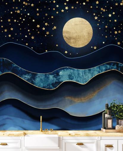 fond d'écran lune et ciel nocturne bleu foncé et or