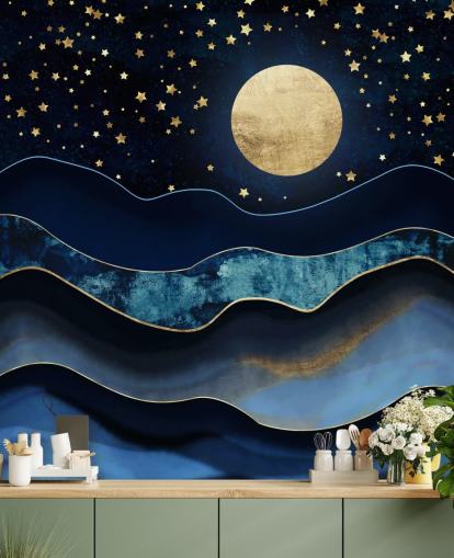 dark blue and gold moon and night sky wallpaper