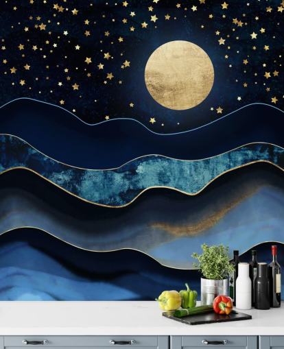 dunkelblau und gold Mond und Nachthimmel Tapete