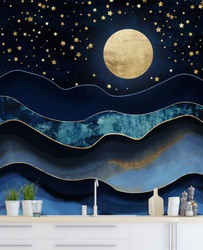 dark blue and gold moon and night sky wallpaper
