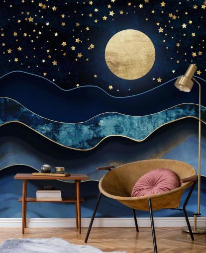 lua azul escuro e dourado e papel de parede do céu noturno