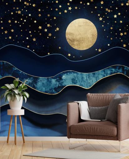 carta da parati blu scuro e oro luna e cielo notturno
