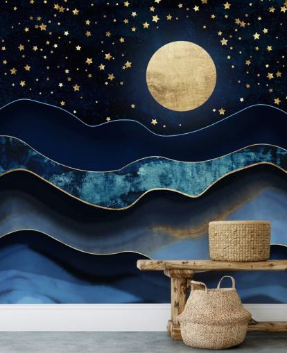 dunkelblau und gold Mond und Nachthimmel Tapete