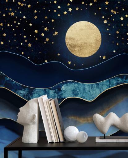 carta da parati blu scuro e oro luna e cielo notturno