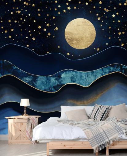 carta da parati blu scuro e oro luna e cielo notturno carta da parati blu scuro e oro luna e cielo notturno