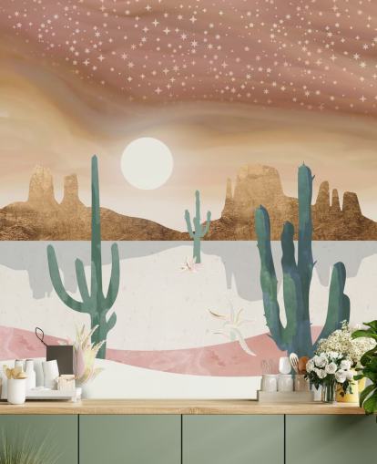 carta da parati astratta deserto rosa, oro e verde