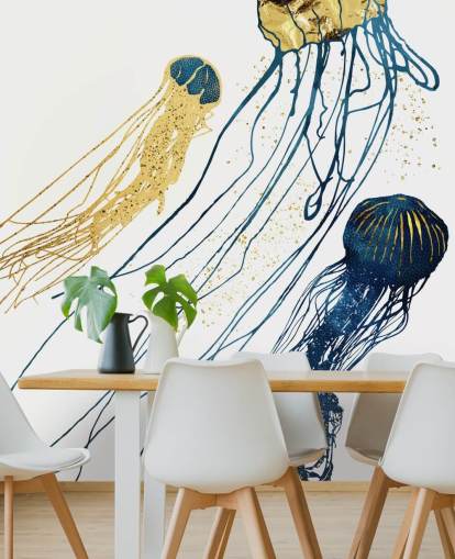 papel pintado medusas azul marino y dorado