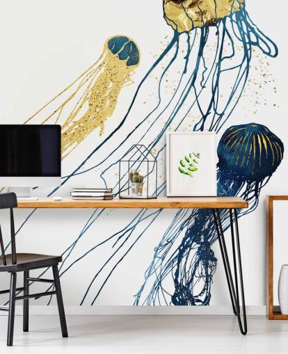papel pintado medusas azul marino y dorado
