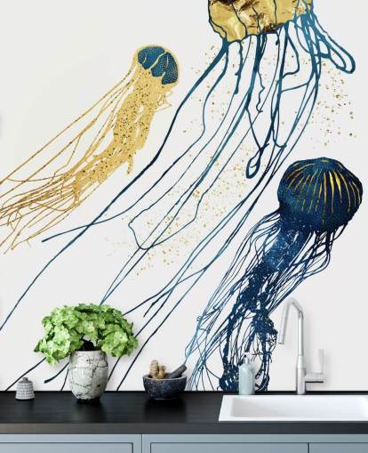 navy and gold jellyfish wallpaper