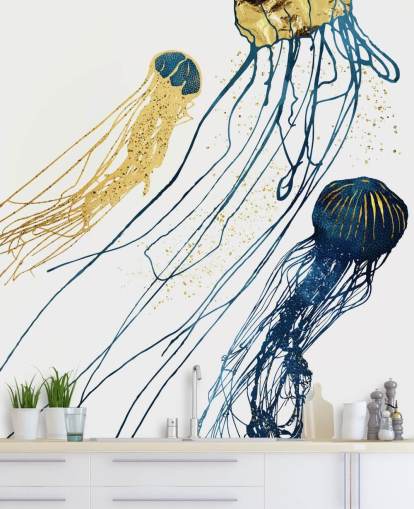 papel pintado medusas azul marino y dorado papel pintado medusas azul marino y dorado
