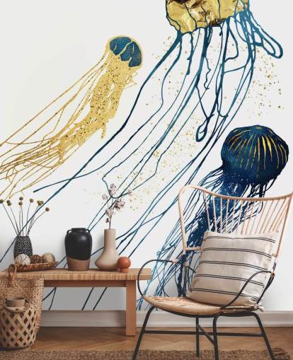 marineblå og guld vandmænd tapet