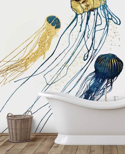 papel pintado medusas azul marino y dorado