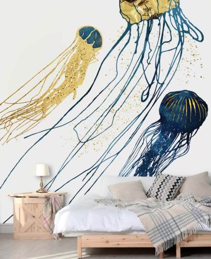 papel pintado medusas azul marino y dorado