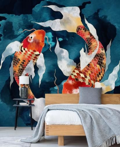 orange koi fish in dark blue waters wallpaper