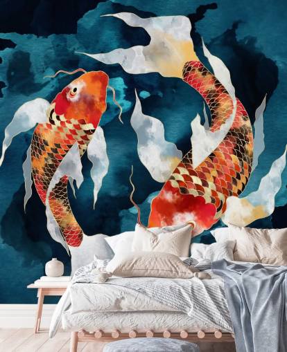 carta da parati con pesci koi arancioni in acque blu scuro
