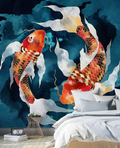 fondo de pantalla de peces koi naranja en aguas azul oscuro fondo de pantalla de peces koi naranja en aguas azul oscuro