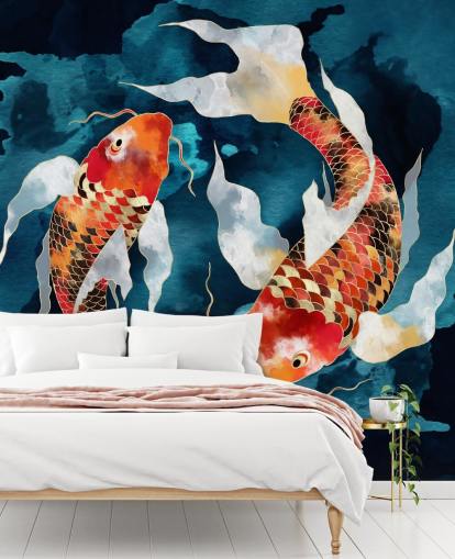 orange Koi-Fische in dunkelblauem Wasser Tapete