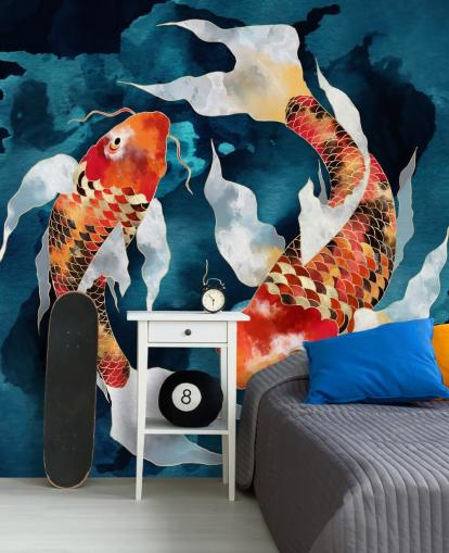 oranje koi vis in donkerblauw water behang