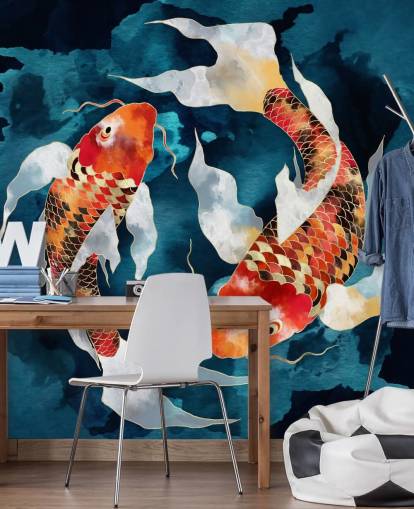 orange koi fish in dark blue waters wallpaper