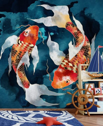 carta da parati con pesci koi arancioni in acque blu scuro