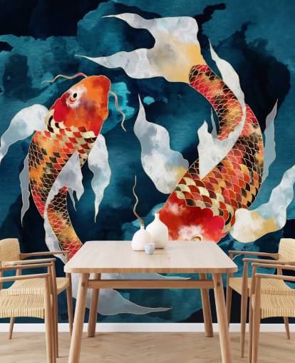 carta da parati con pesci koi arancioni in acque blu scuro