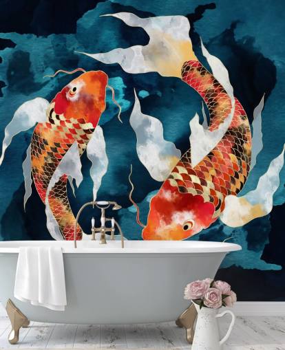 orange koi fish in dark blue waters wallpaper