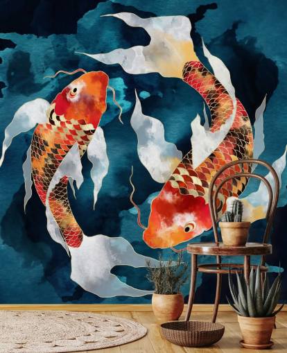 fondo de pantalla de peces koi naranja en aguas azul oscuro