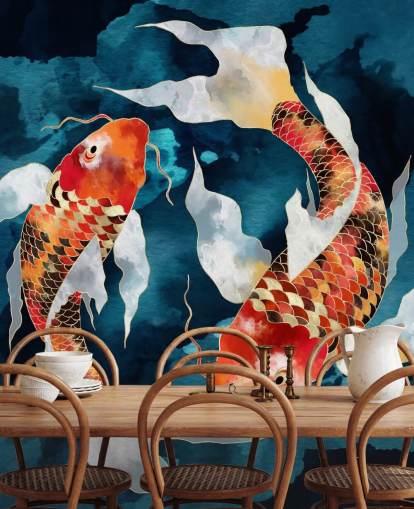 fond d'écran de poissons koï orange dans les eaux bleu foncé