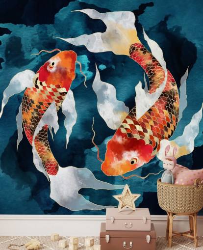 oranje koi vis in donkerblauw water behang