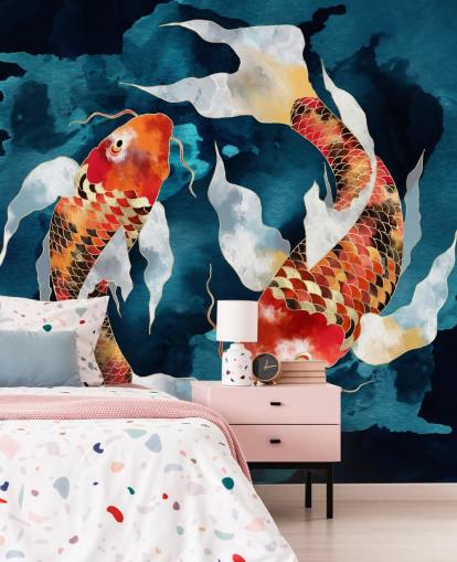 orange koi fish in dark blue waters wallpaper