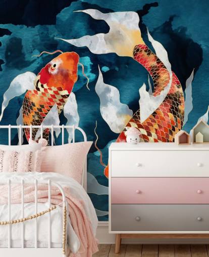 orange koi fish in dark blue waters wallpaper
