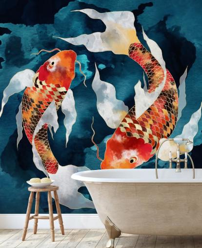 fondo de pantalla de peces koi naranja en aguas azul oscuro