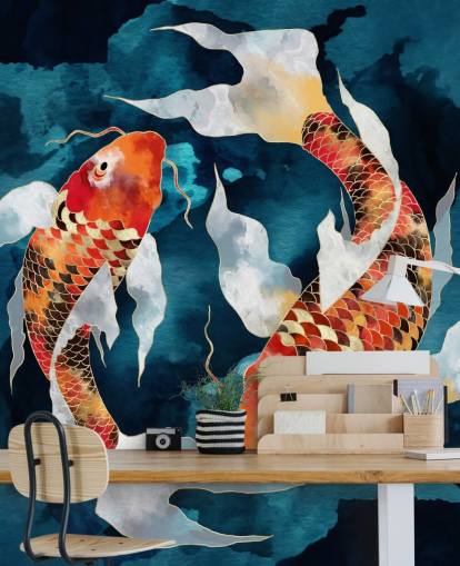 carta da parati con pesci koi arancioni in acque blu scuro