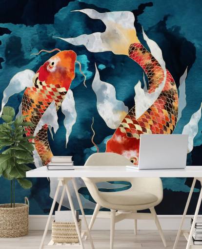 orange koi fish in dark blue waters wallpaper