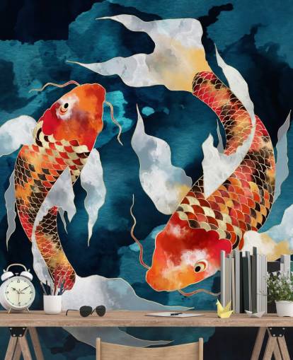orange koi fish in dark blue waters wallpaper