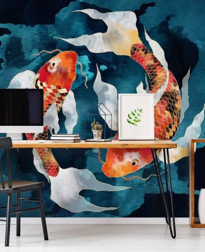 peixe koi laranja em águas azuis escuras papel de parede