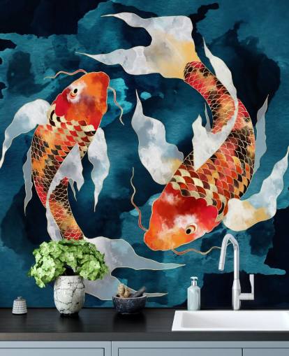 fond d'écran de poissons koï orange dans les eaux bleu foncé