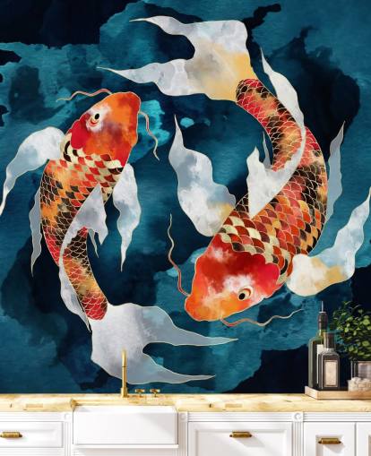 orange koi fish in dark blue waters wallpaper