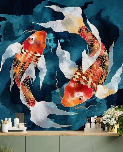 orange koi fish in dark blue waters wallpaper