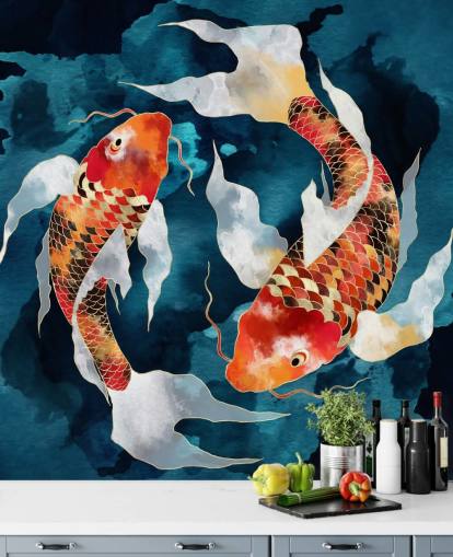 fondo de pantalla de peces koi naranja en aguas azul oscuro