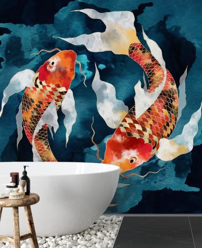 orange Koi-Fische in dunkelblauem Wasser Tapete