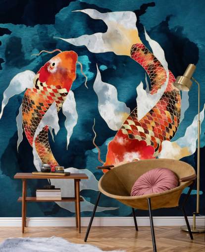 orange koi fish in dark blue waters wallpaper