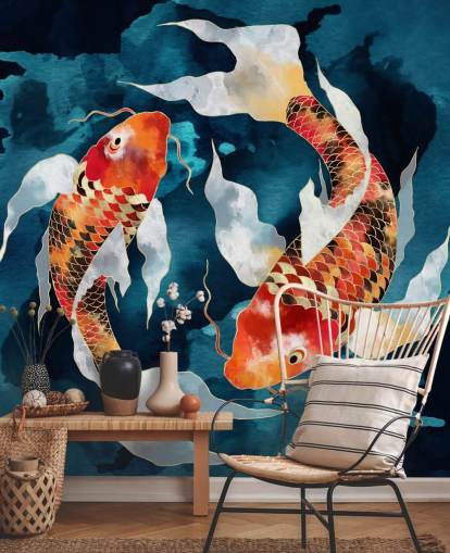orange koi fish in dark blue waters wallpaper
