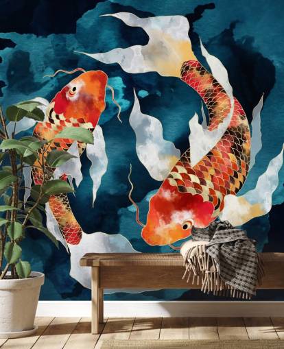 orange koi fish in dark blue waters wallpaper
