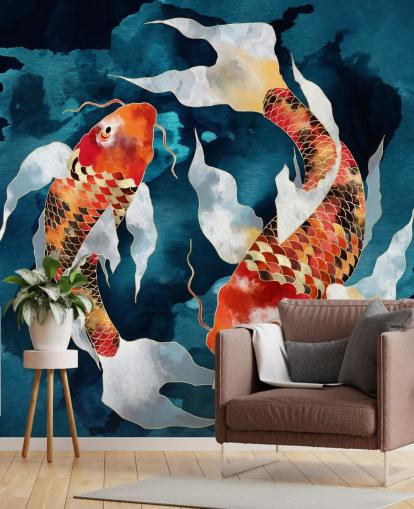 carta da parati con pesci koi arancioni in acque blu scuro